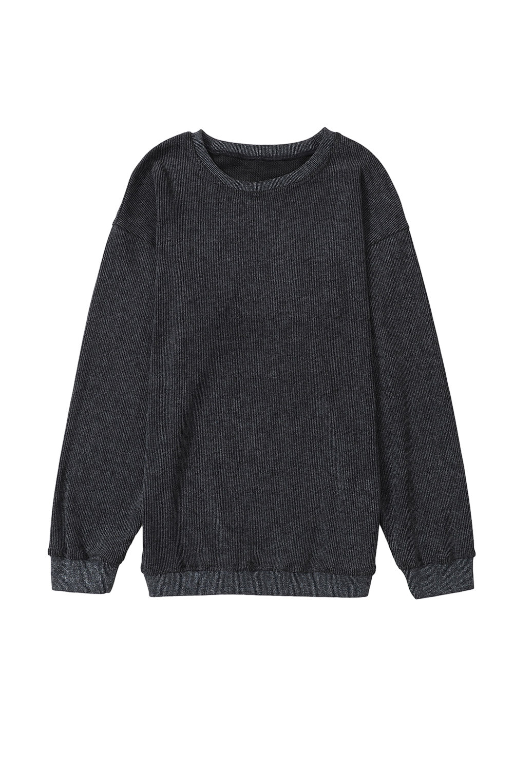 Solid Ribbed Round Neck Pullover Sweatshirt