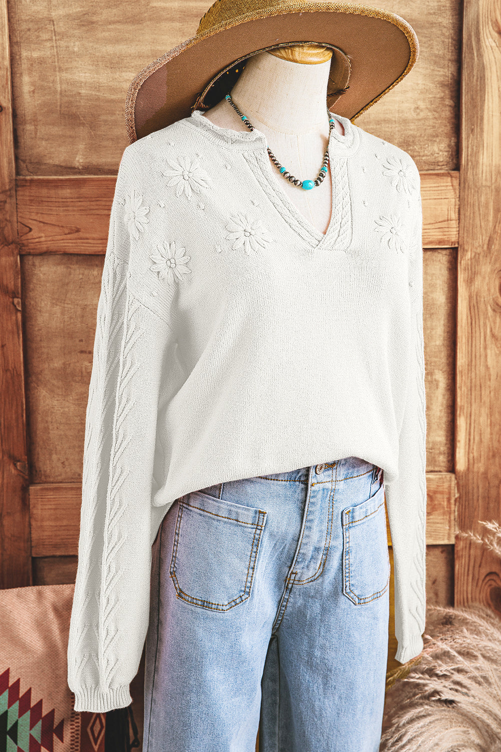 Flower Pattern Knitted Notched Neck Sweater