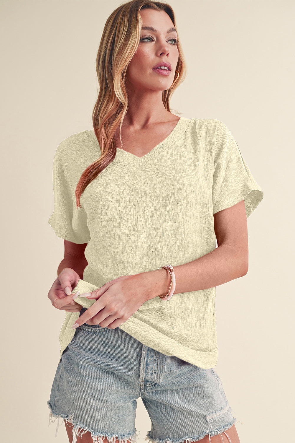 Plain Crinkled V Neck Flounce Sleeve T Shirt