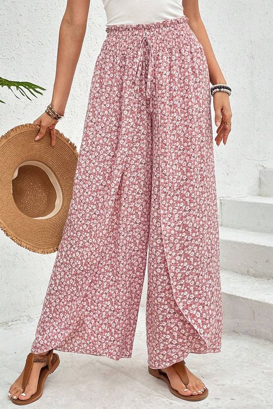 Pink Floral Shirred Side Slit Wide Leg Pants