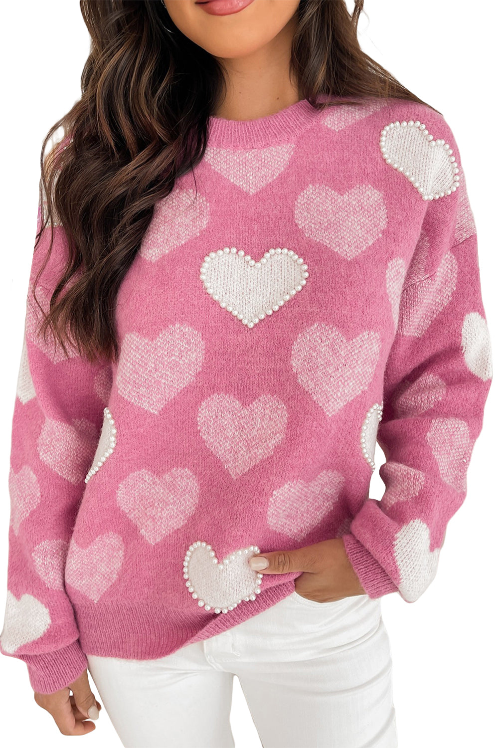 Pink Pearl Heart Print Crew Neck Sweater