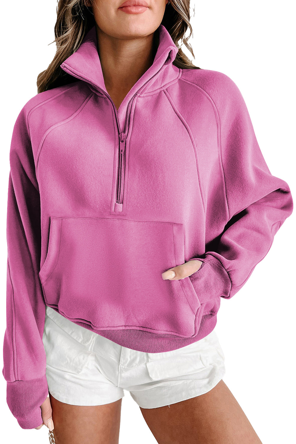 Zip Up Stand Collar Ribbed Thumbhole Sleeve Sweatshirt - 12 Colours Available