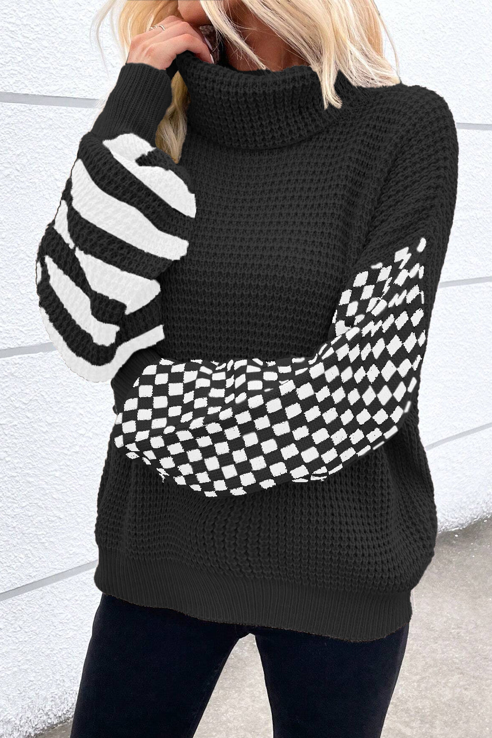 Smoke Striped Plaid Patchwork Waffle Knit Turtleneck Sweater