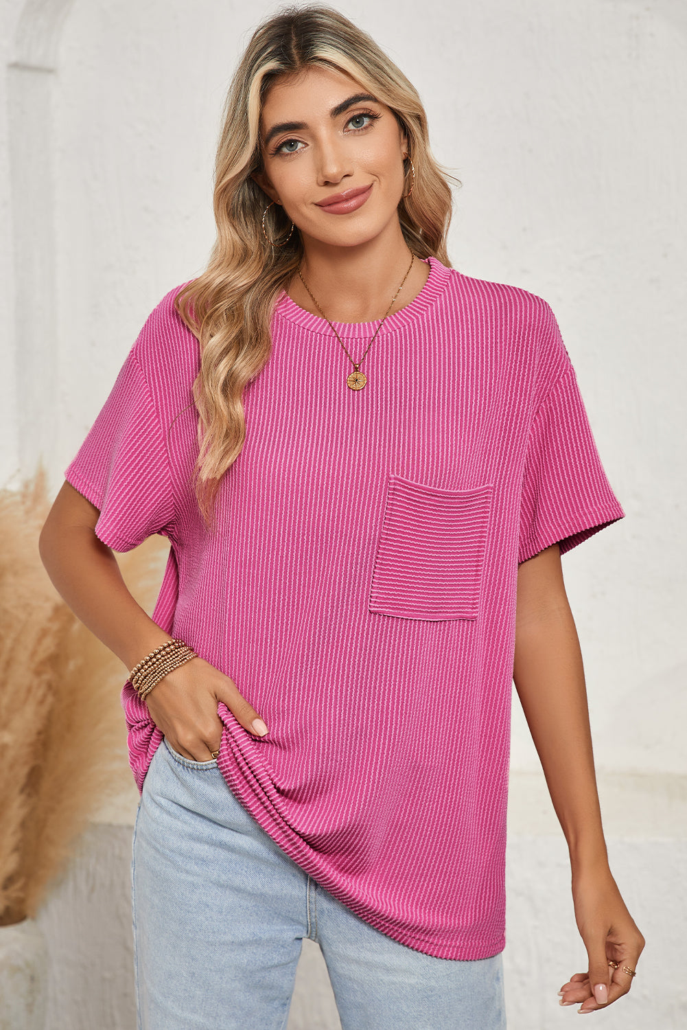 Crinkle Rib Knit Pocketed Loose Fit Crew Neck T Shirt