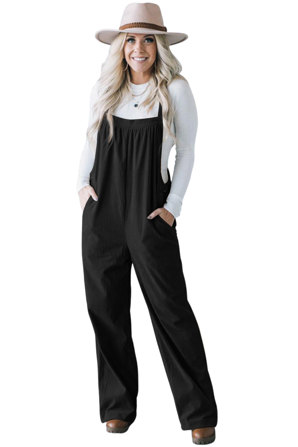 Plain Pocketed Loose Fit Corduroy Overalls