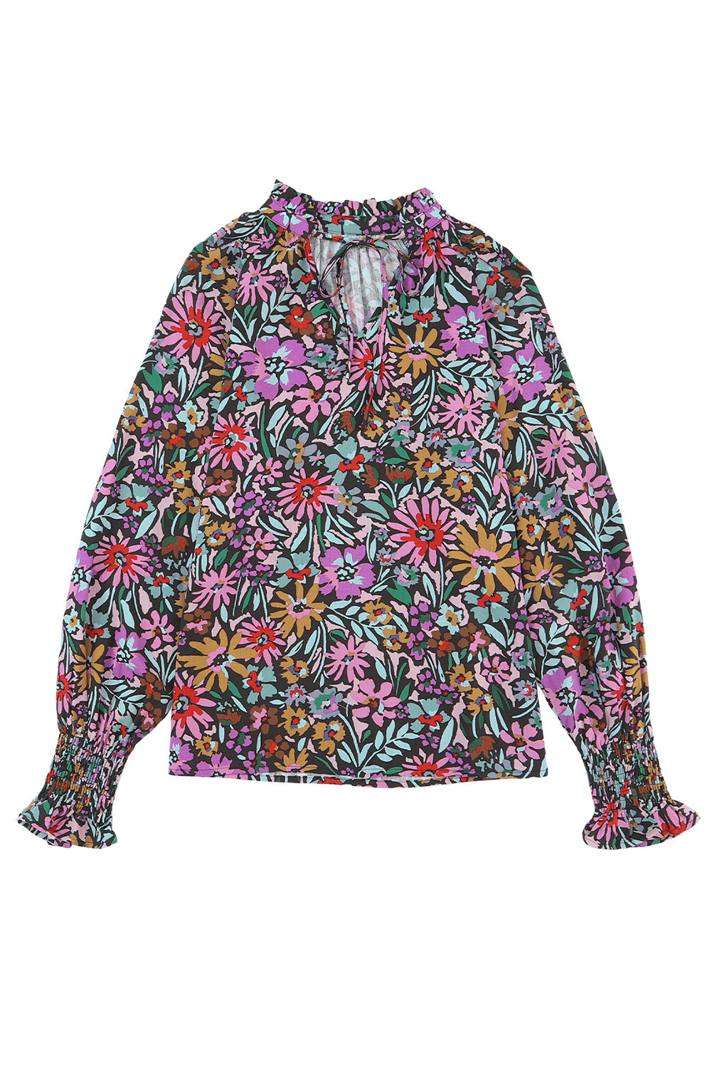 Multicolor Floral Boho Tie V Neck Peasant Blouse