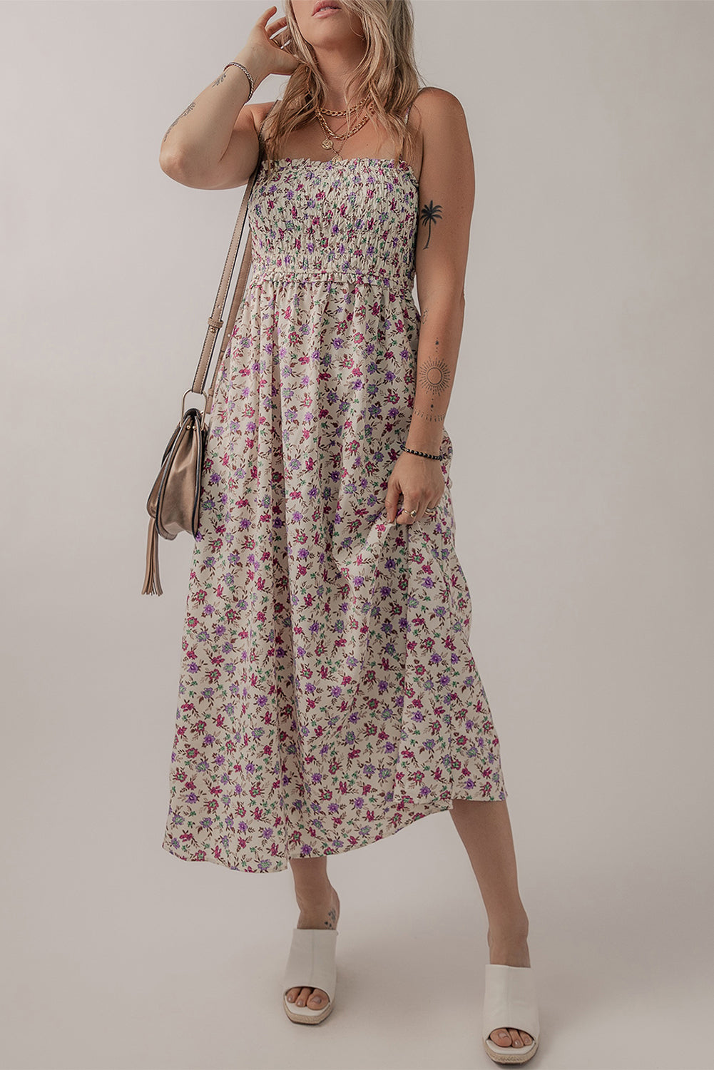 Multicolour Boho Floral Print Spaghetti Strap Flare Midi Dress