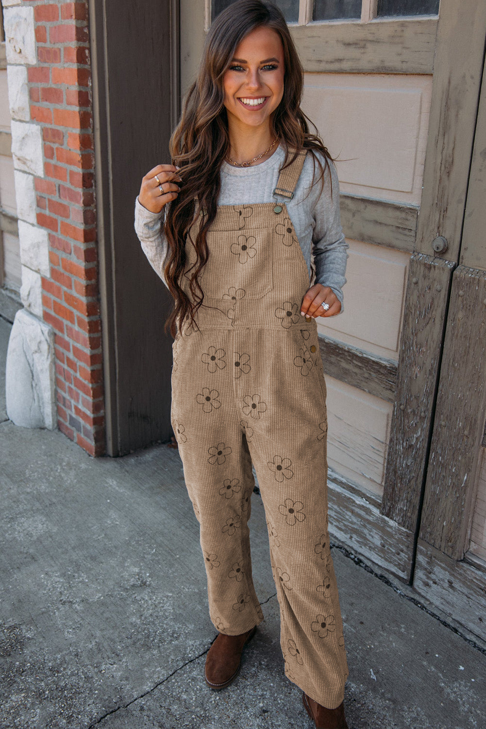 Khaki 60s Flower Print Corduroy Overalls