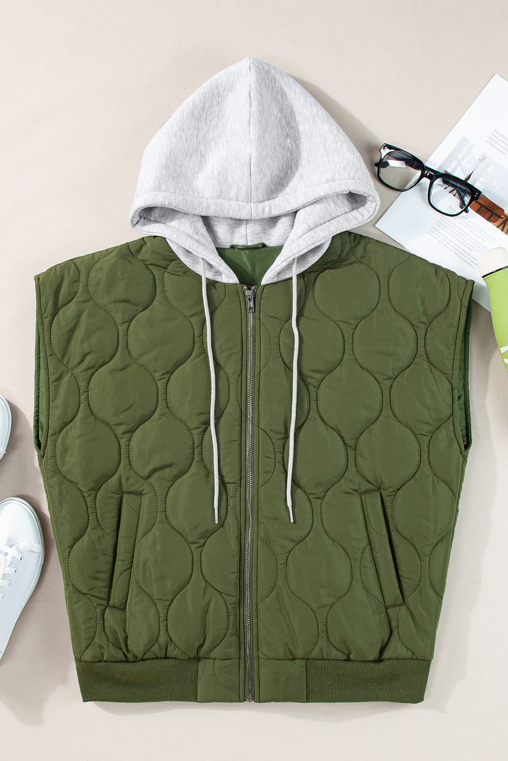 Quilted Drawstring Hooded Zip Up Puffer Vest