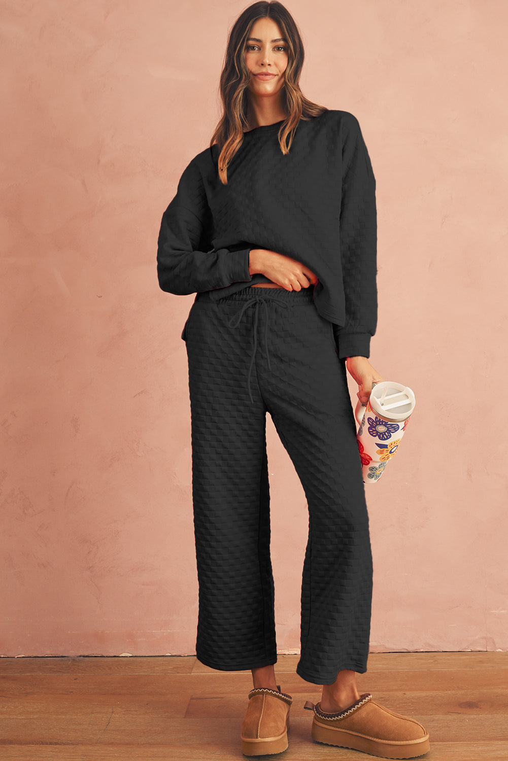 Checkered Textured Split Pullover Top and Pants Set