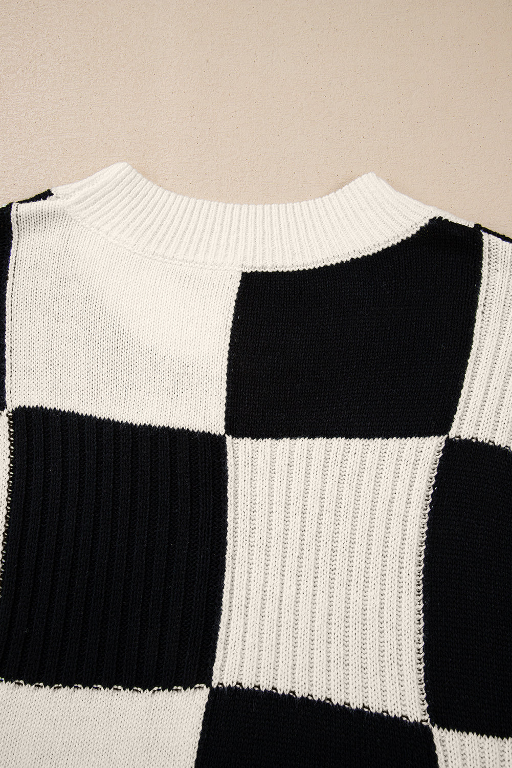 Checkered Color Block Crew Neck Short Sleeve Sweater