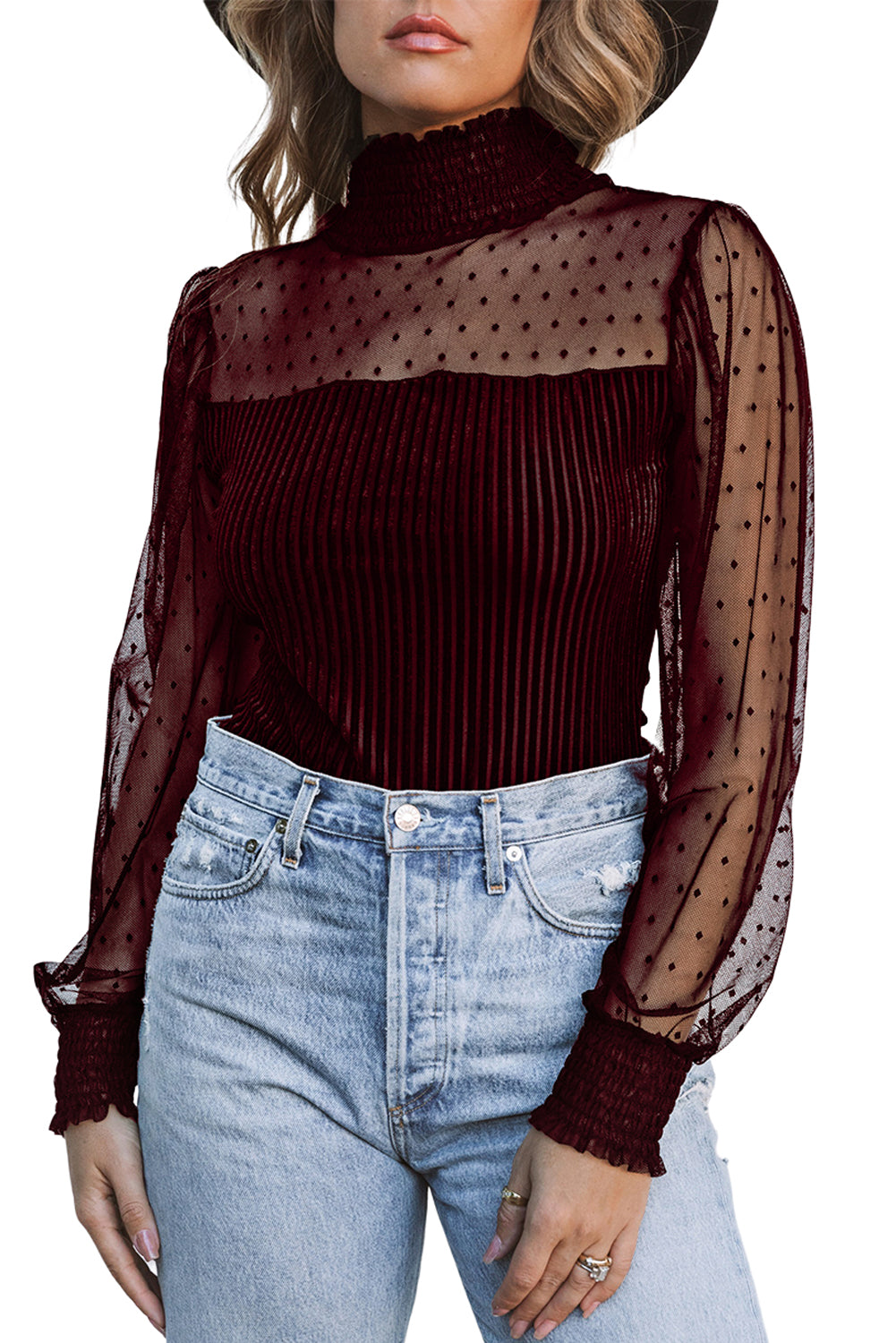 Sexy Sheer Dotty Puff Sleeve Ribbed Velvet Bodysuit