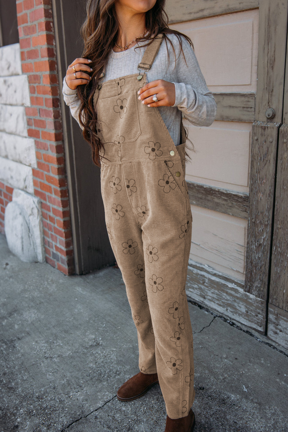 Khaki 60s Flower Print Corduroy Overalls