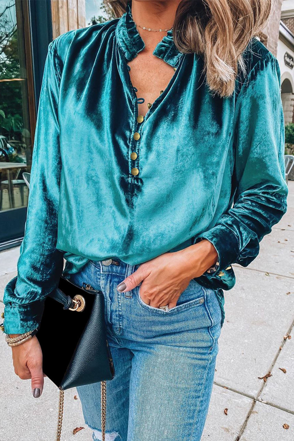 Frilled Buttoned V Neck Velvet Blouse