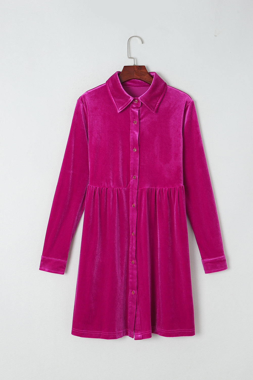 Long Sleeve Ruffle Velvet Button Up Shirt Dress