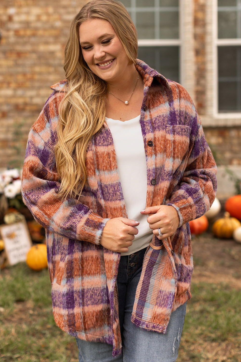 Multicolour Plus Size Plaid Print Collared Button Up Jacket