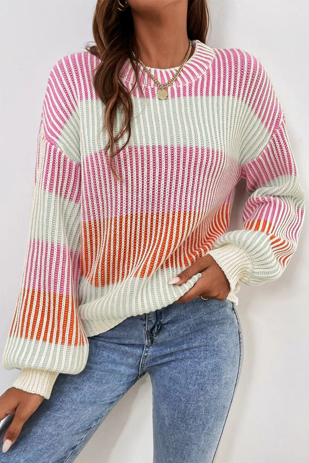 Multicolour Colour block Lantern Sleeve Knitted Sweater