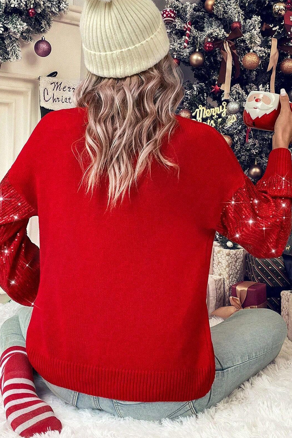 Racing Red Merry Graphic Sequin Sleeve Christmas Sweater