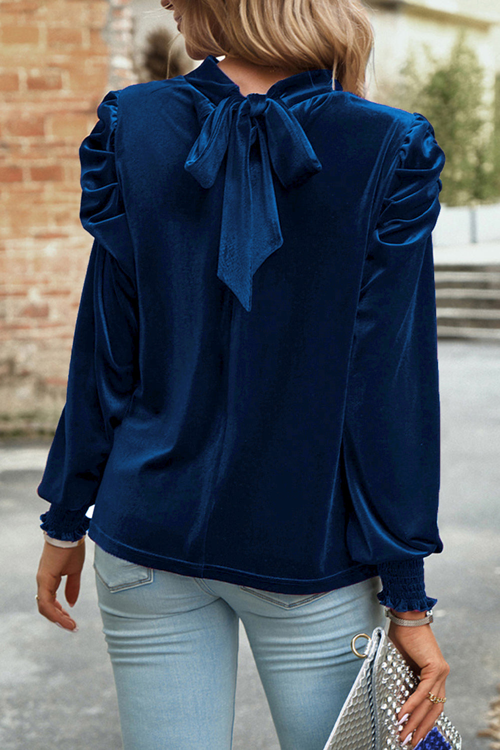 Mock Keyhole Neck Puff Sleeve Velvet Blouse