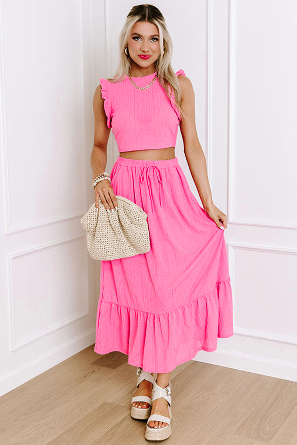 Bonbon Textured Ruffle Trim Crop Top and Drawstring Skirt Set