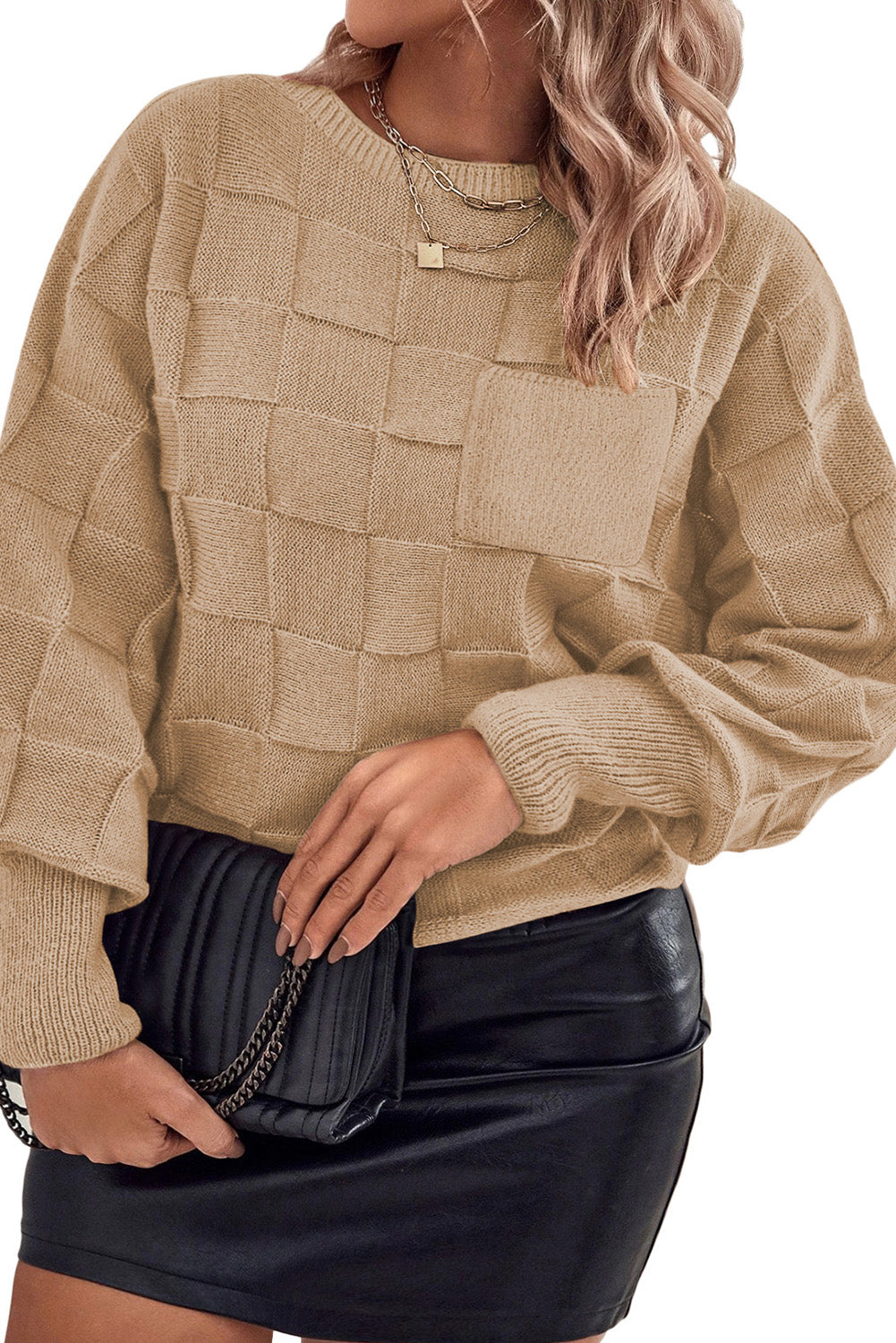 Solid Checkered Textured Knit Plus Size Sweater