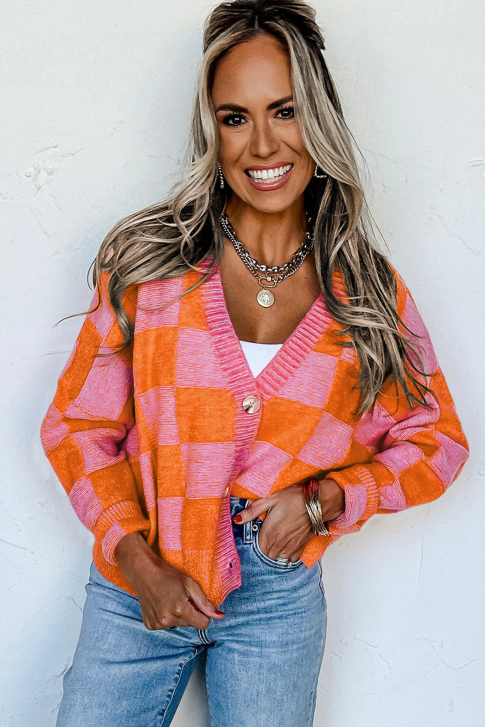 Checkered Buttoned V Neck Drop Shoulder Cardigan