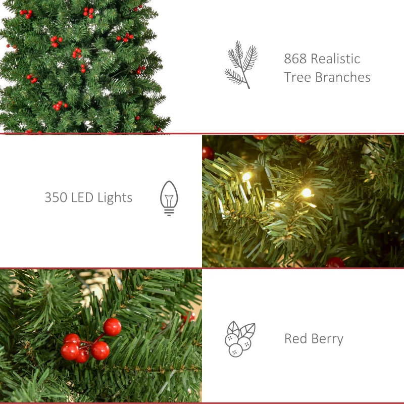 7FT Prelit Artificial Pencil Christmas Tree with Warm White LED Lights and Red Berries