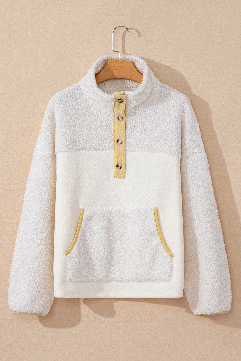 Beige Fleece Colourblock Trim Buttons Collar Sweatshirt with Pocket