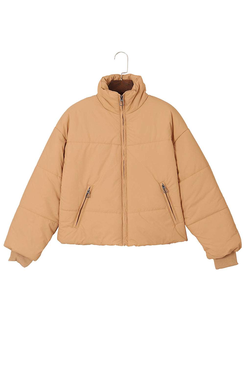 Solid Zip Up Pocketed Puffer Coat