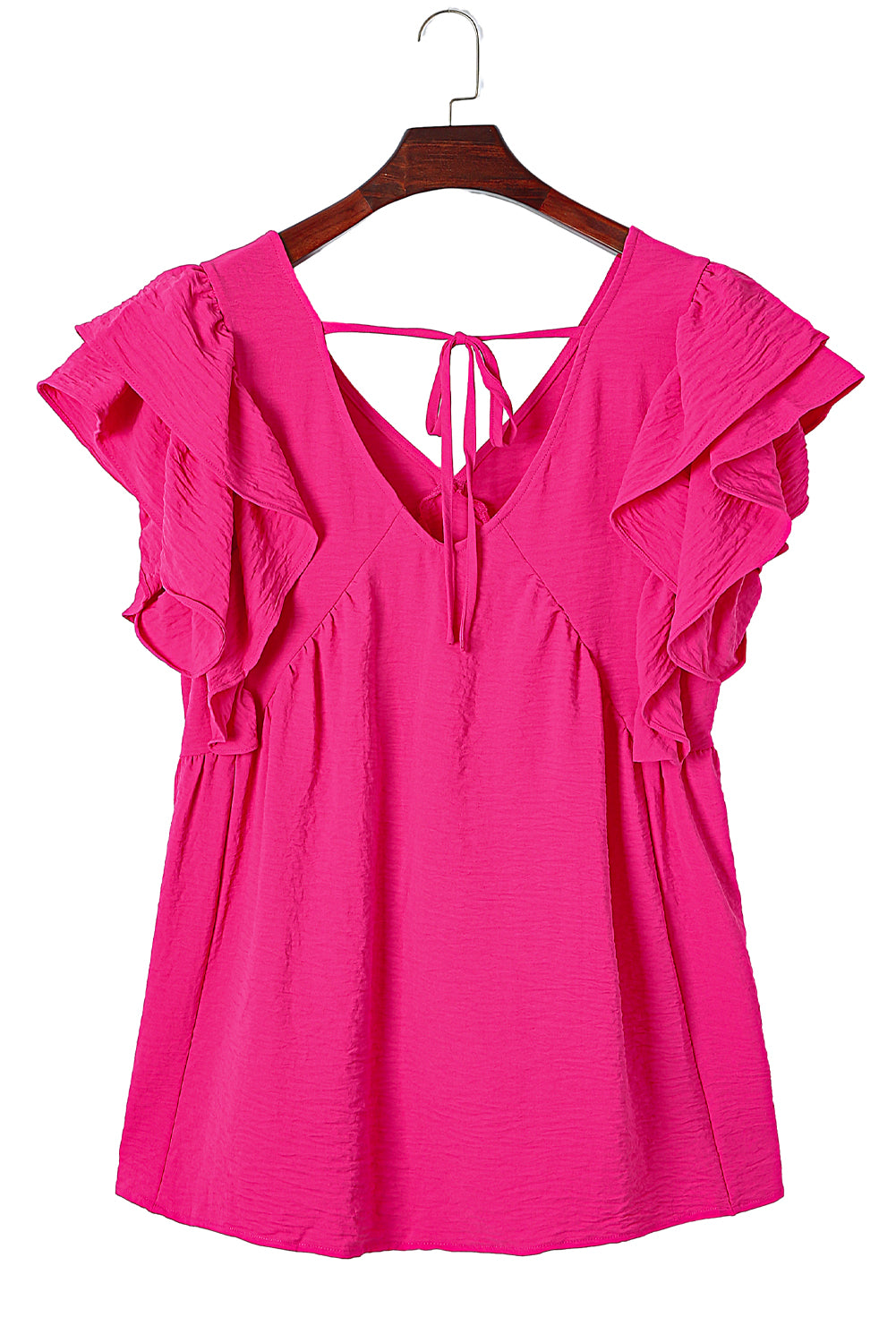 Pink Crinkle V Neck Tie Back Ruffle Plus Size Top