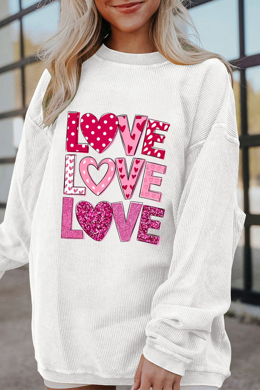 White Heart LOVE Graphic Corded Valentines Pullover Sweatshirt