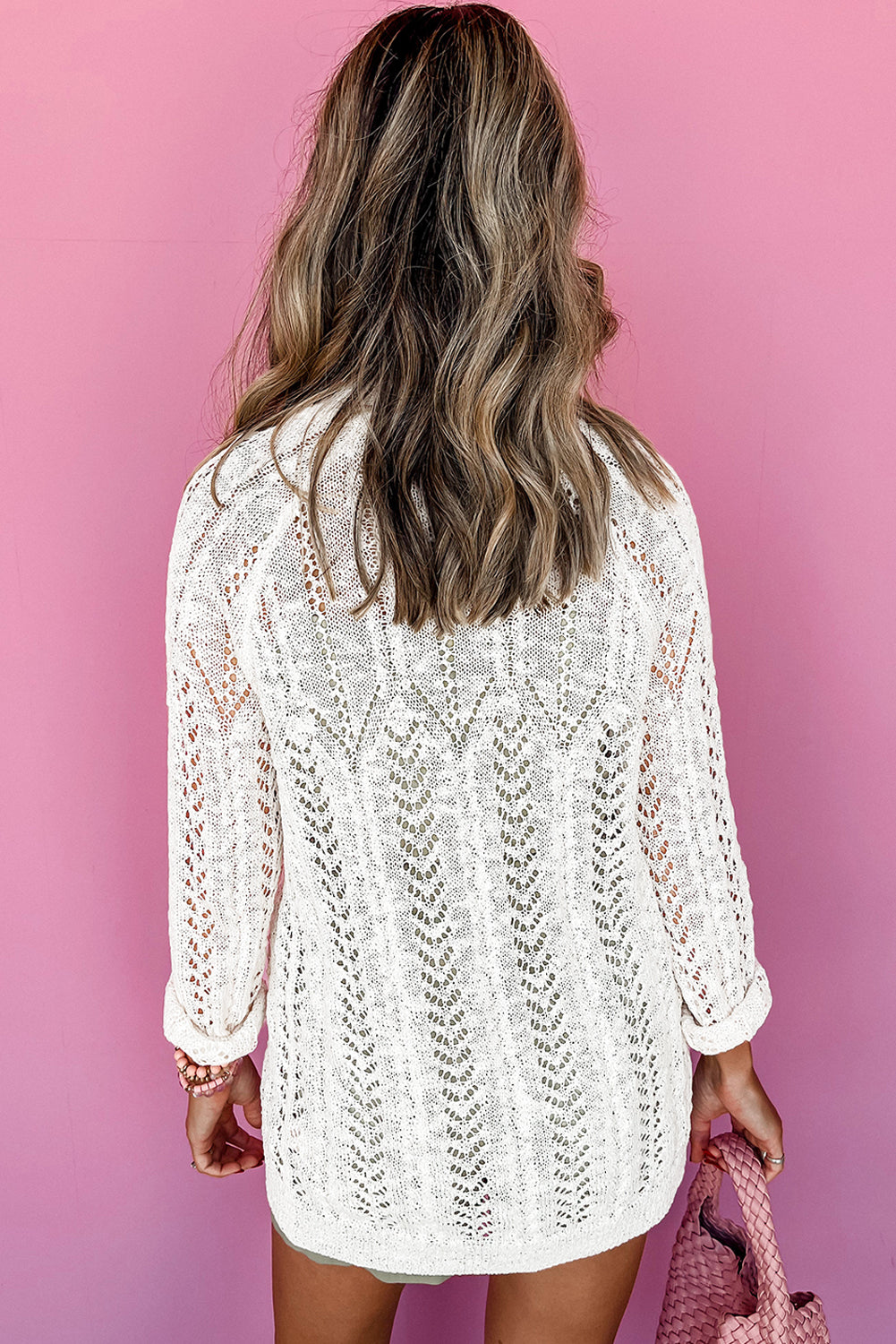 White Solid Colour Hollow Knit Open Front Cardigan