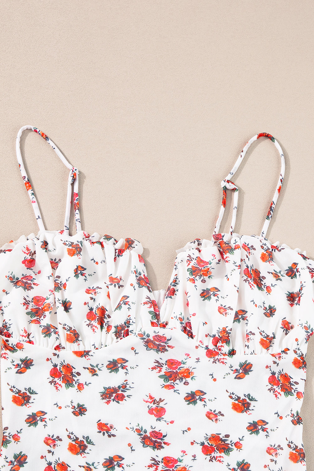 White Floral V Cut Frilled Trim Spaghetti Straps Bodysuit