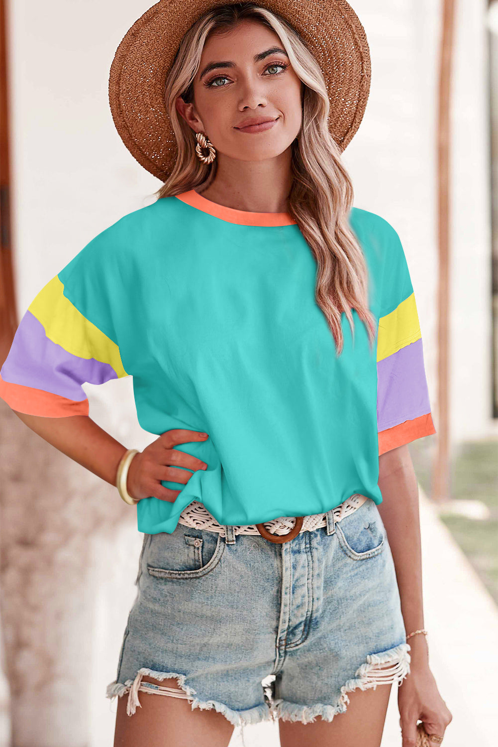 Color Block Sleeve Round Neck Oversize Top