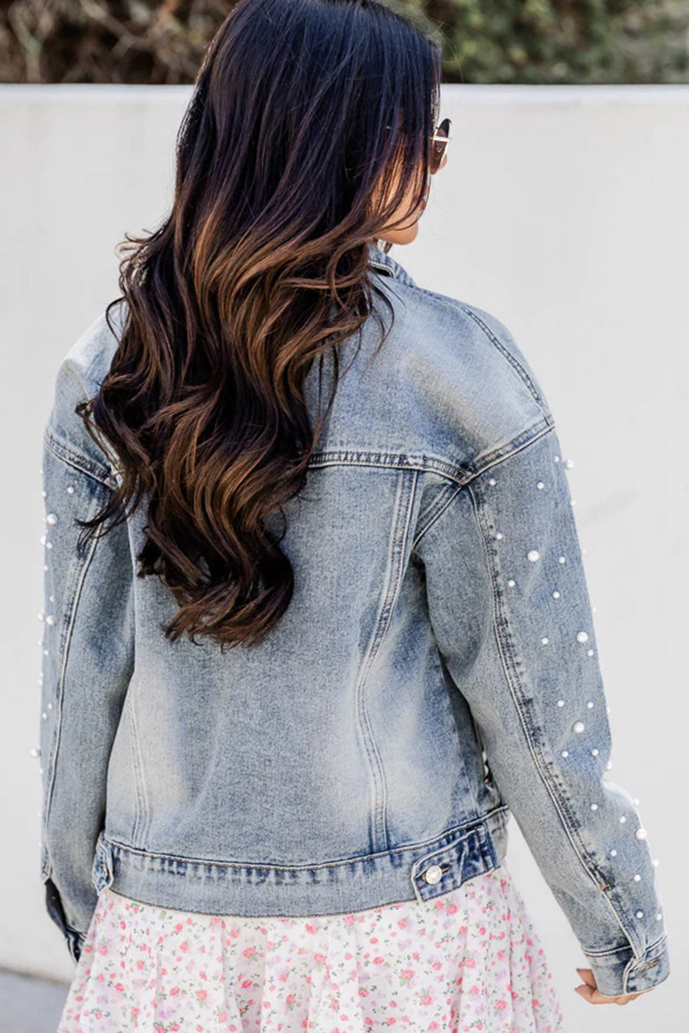 Sky Blue Pearl Beaded Chest Pockets Buttoned Denim Jacket