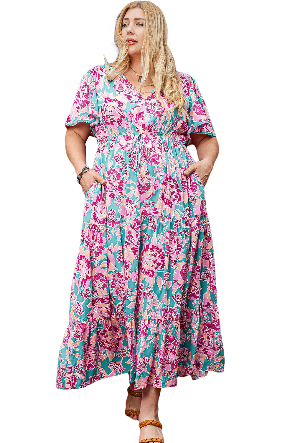 Purple Plus Floral V Neck Flared Short Sleeve Long Dress