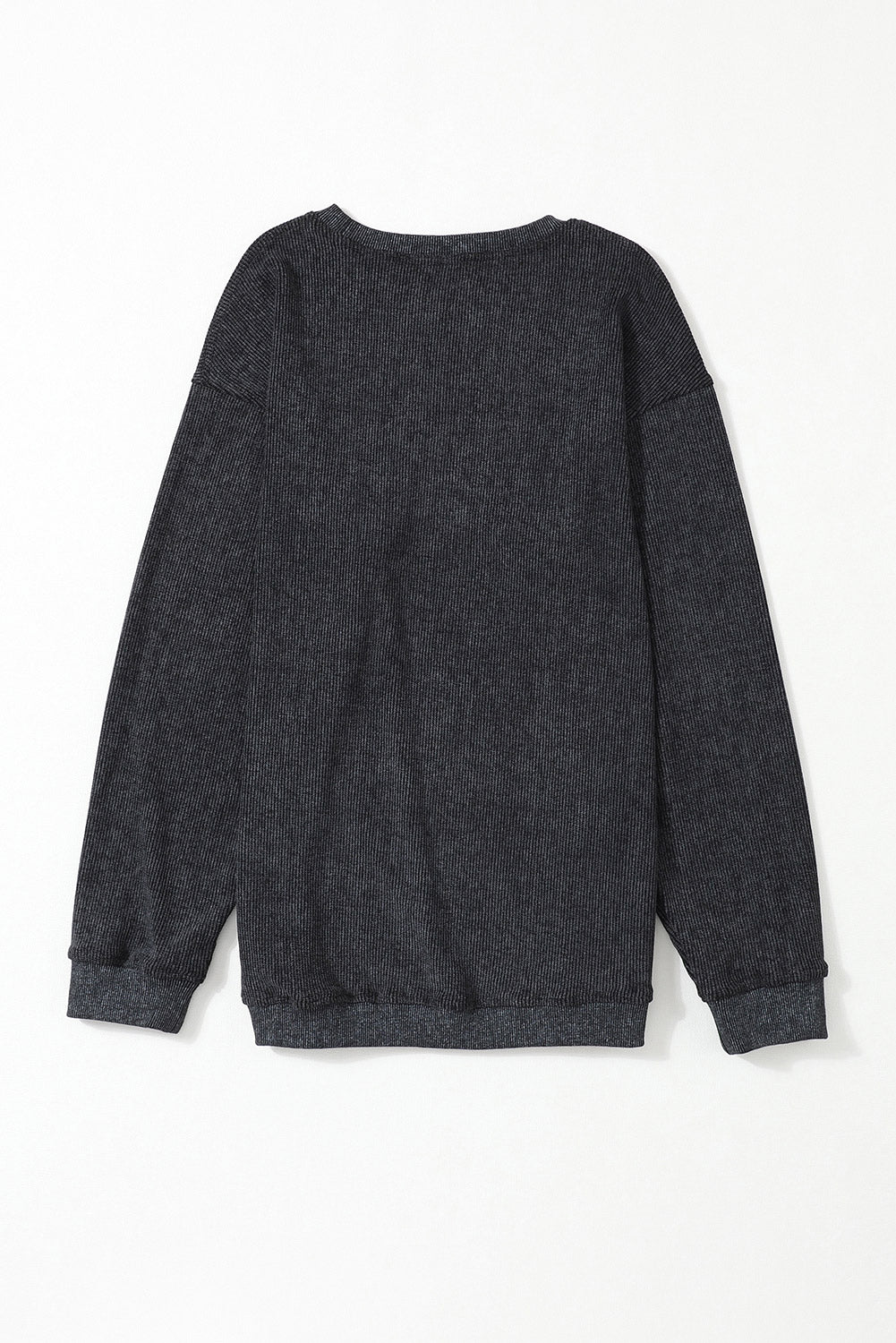 Solid Ribbed Round Neck Pullover Sweatshirt