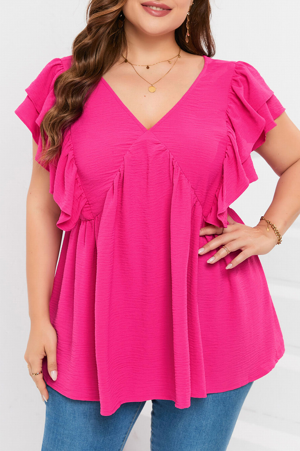 Pink Crinkle V Neck Tie Back Ruffle Plus Size Top