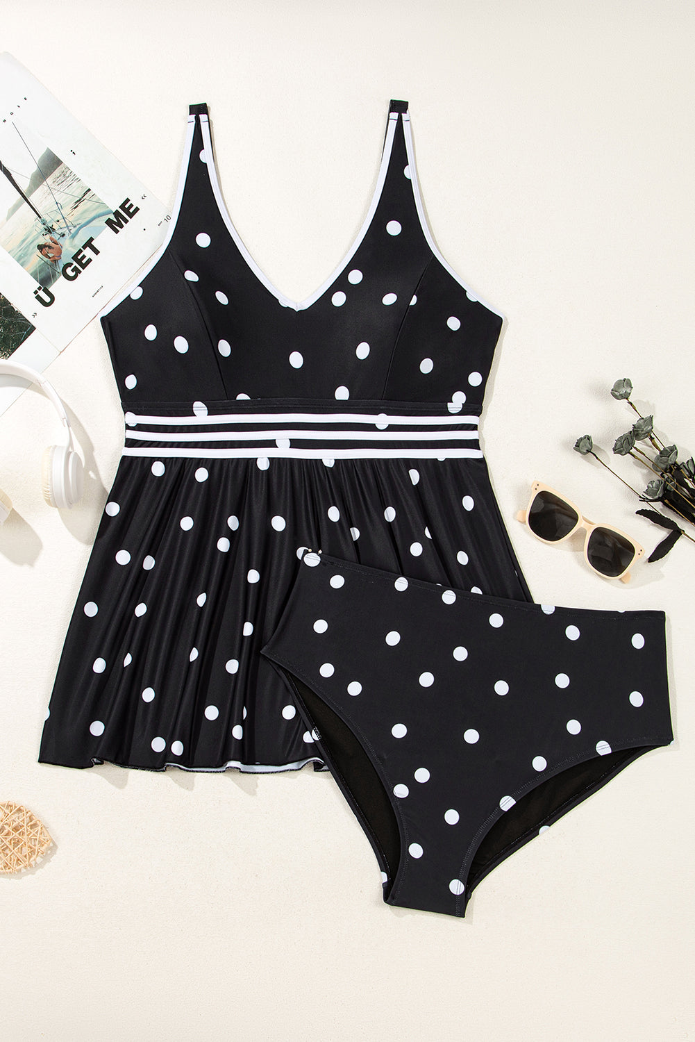 Black Polka Dot Trim V Neck Plus Size Swim Dress