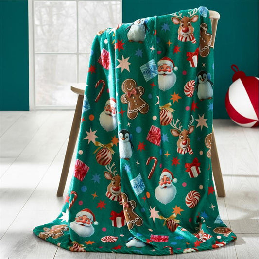 Catherine Lansfield Green Christmas Icons Cosy Fleece Blanket Throw