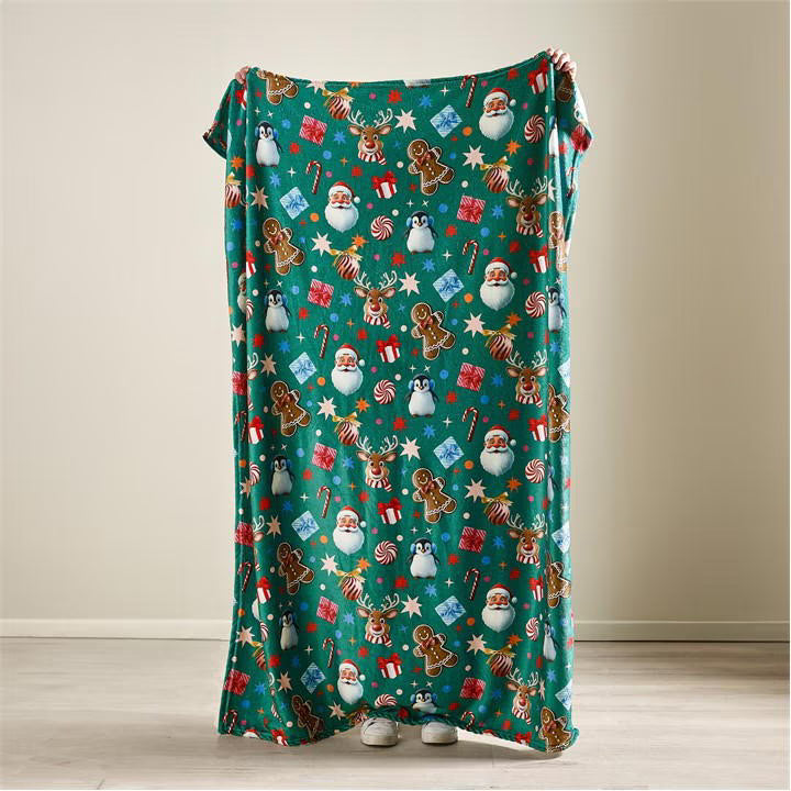 Catherine Lansfield Green Christmas Icons Cosy Fleece Blanket Throw