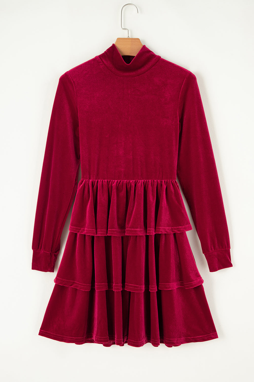 Velvet High Neck Tiered Ruffle Mini Dress