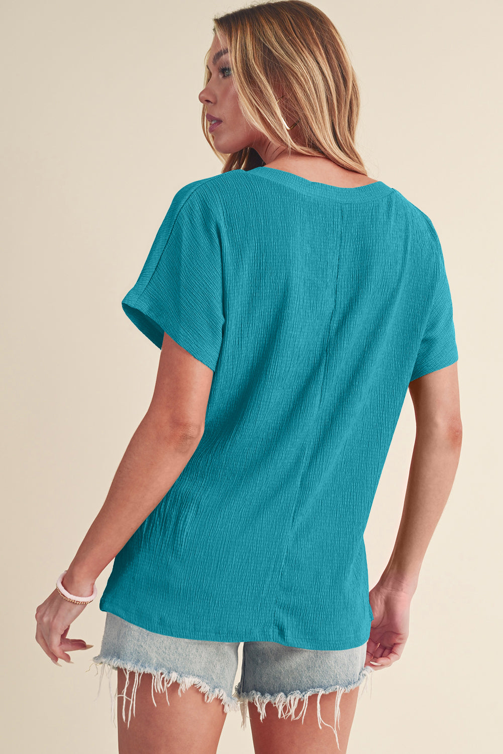 Plain Crinkled V Neck Flounce Sleeve T Shirt