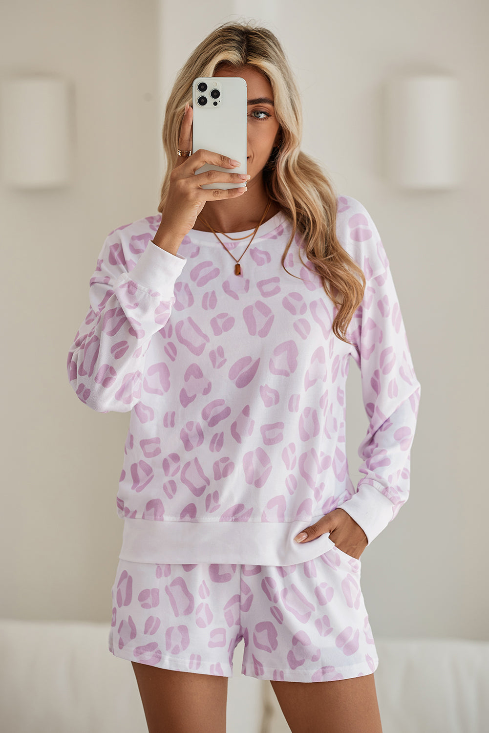 Pink Leopard Print Pullover and Shorts Pajama Set