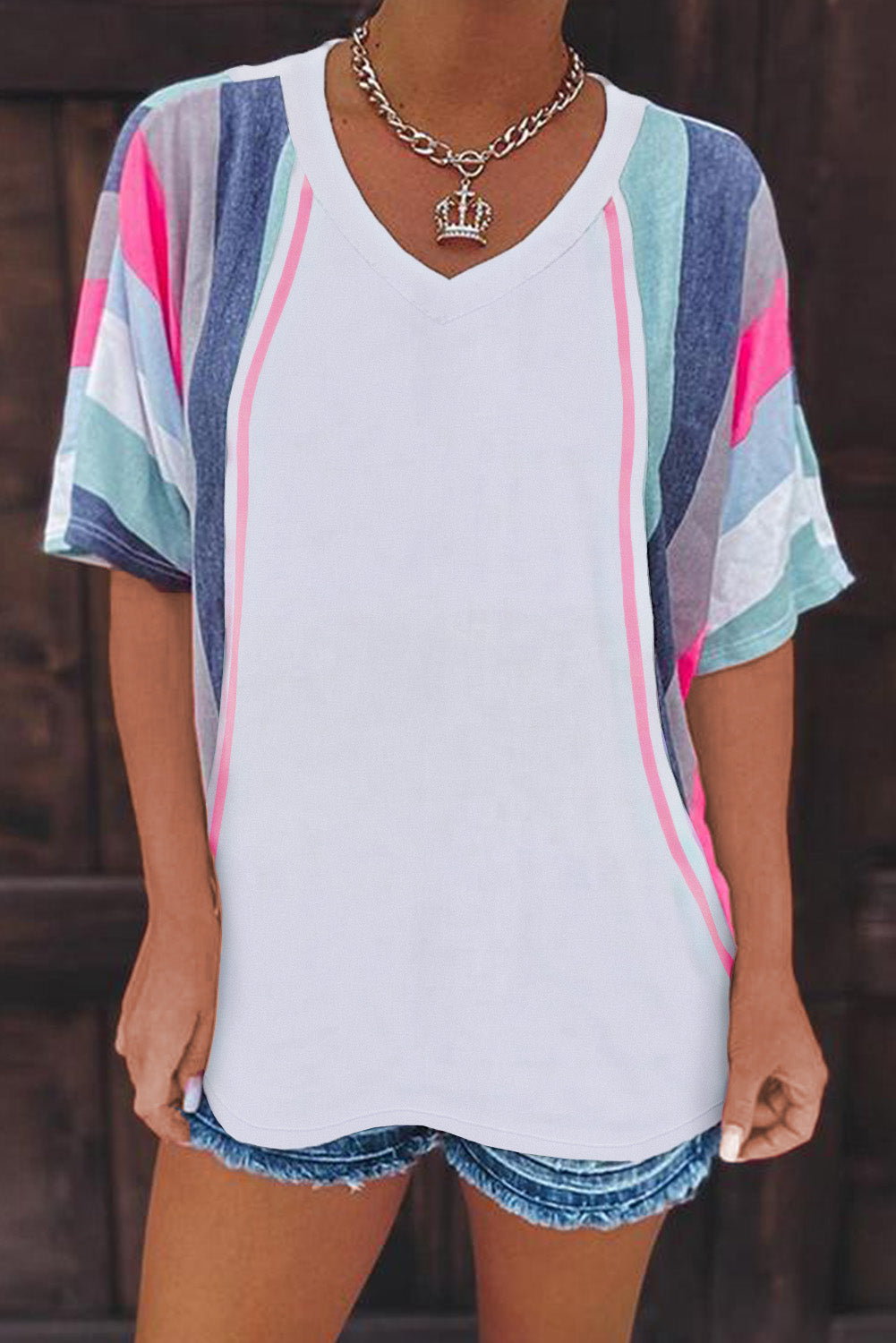 White Stripe Colorblock V Neck T Shirt