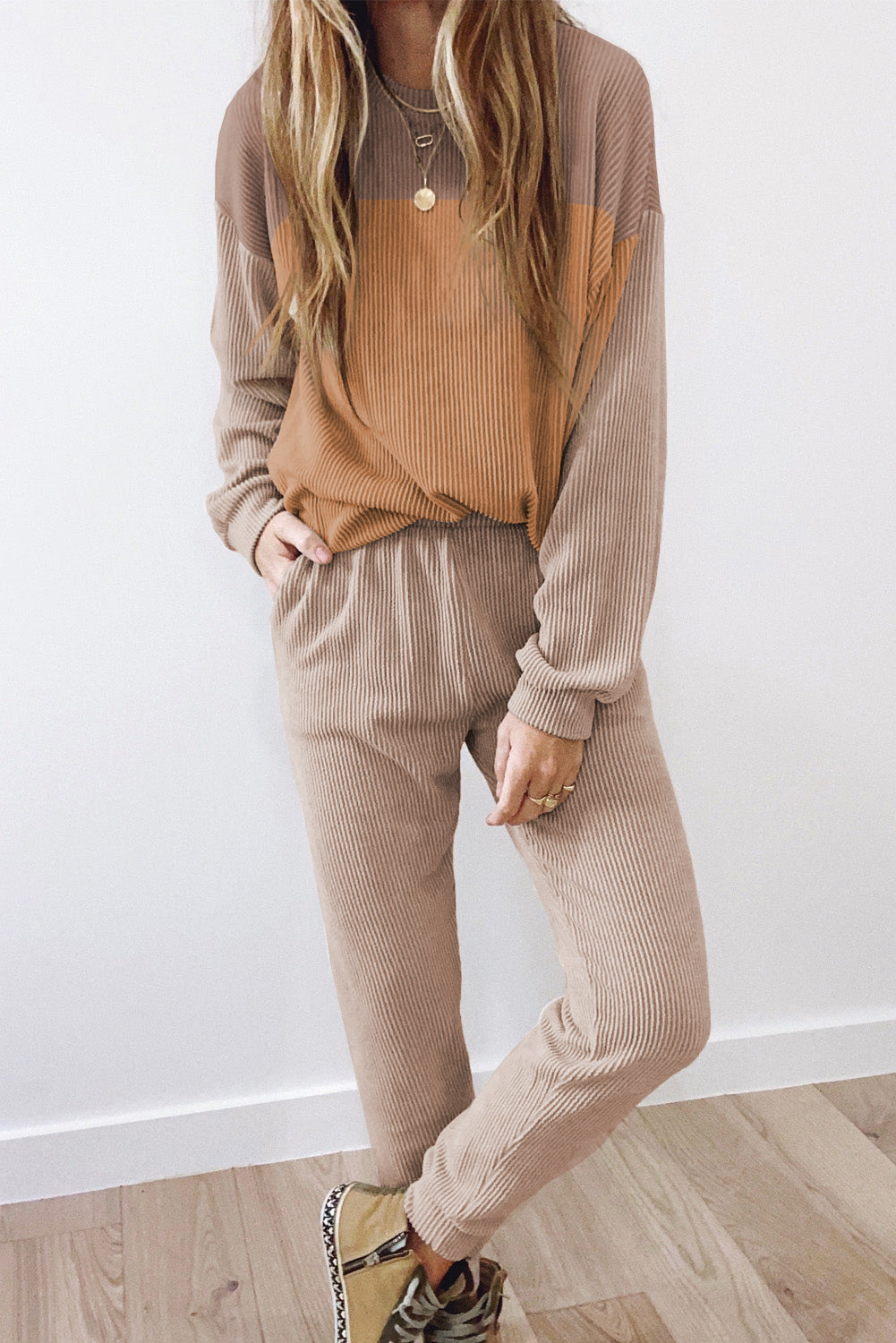 Colorblock Corded Slouchy Top and Pants Set