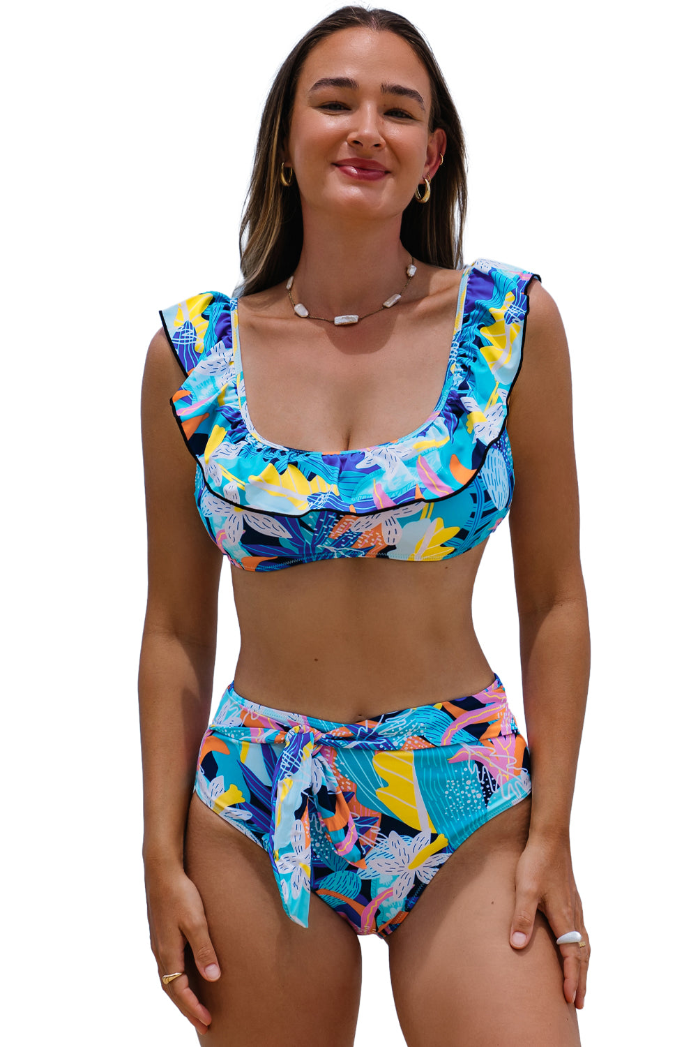 Green Tropical Print Ruffled Front Knot Two Piece Swimwear