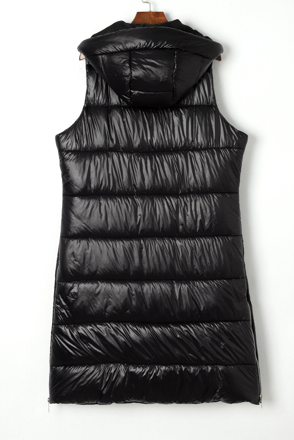 Hooded Pocketed Quilted Long Vest Coat