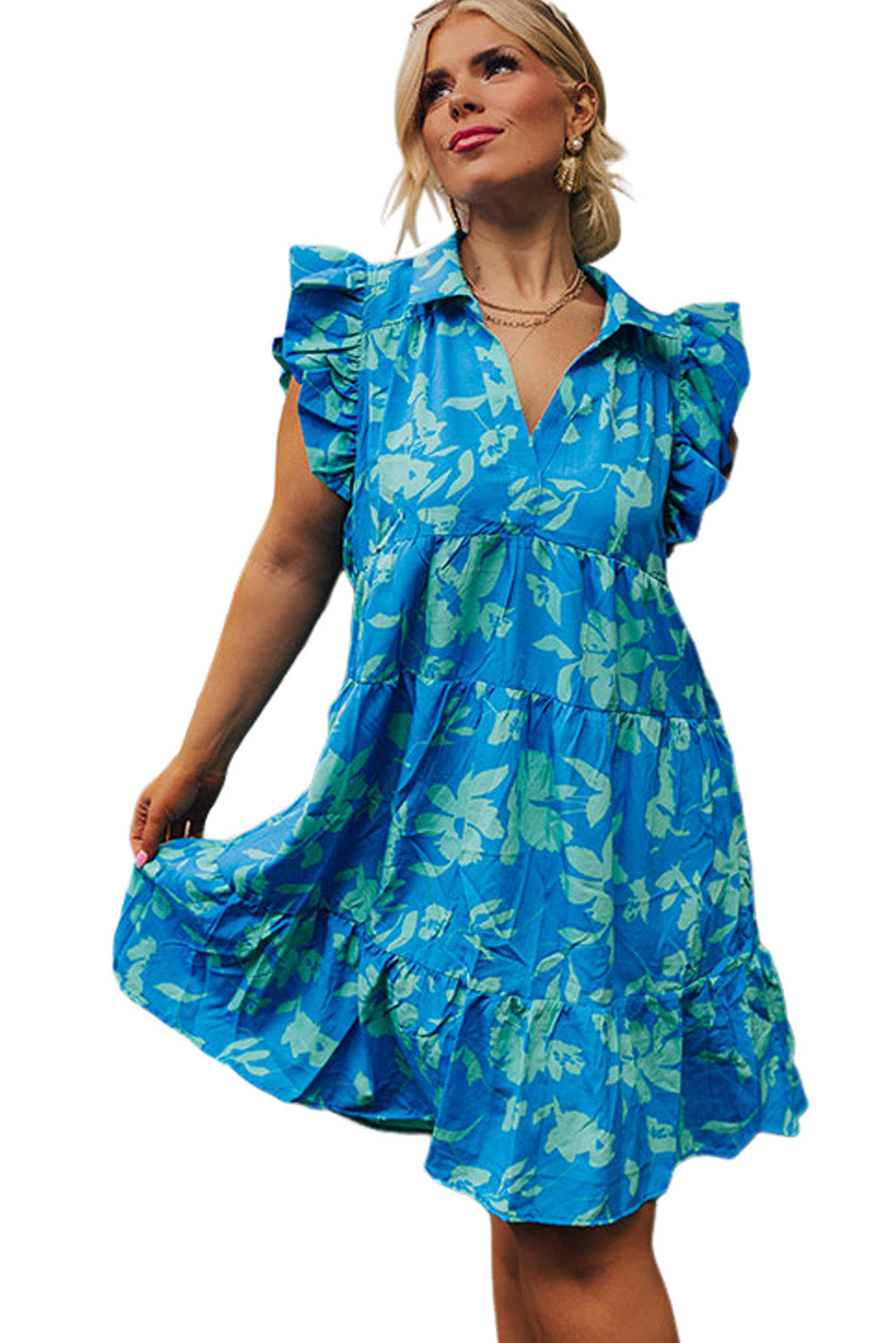 Sky Blue Plus Size Floral Print Flutter Sleeve Buttoned Mini Dress