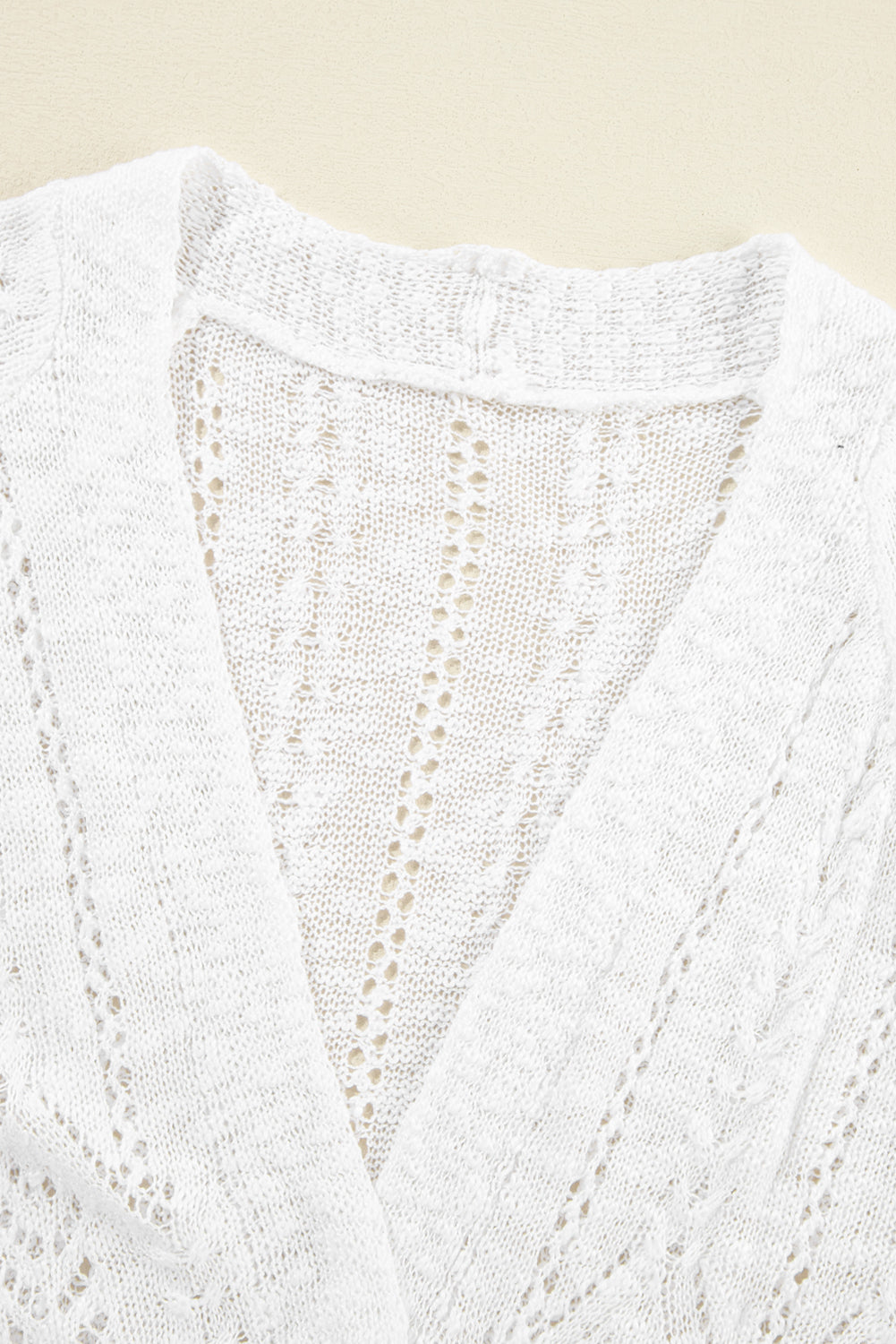 White Solid Colour Hollow Knit Open Front Cardigan